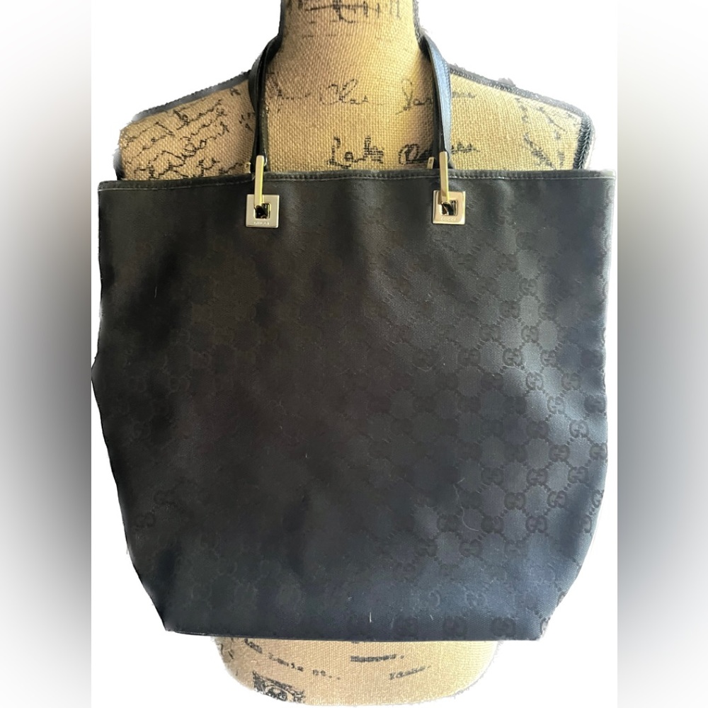 Authentic Gucci 002 1098 GG Monogramed Canvas/Leather Tote w/Gold Accents EUC
